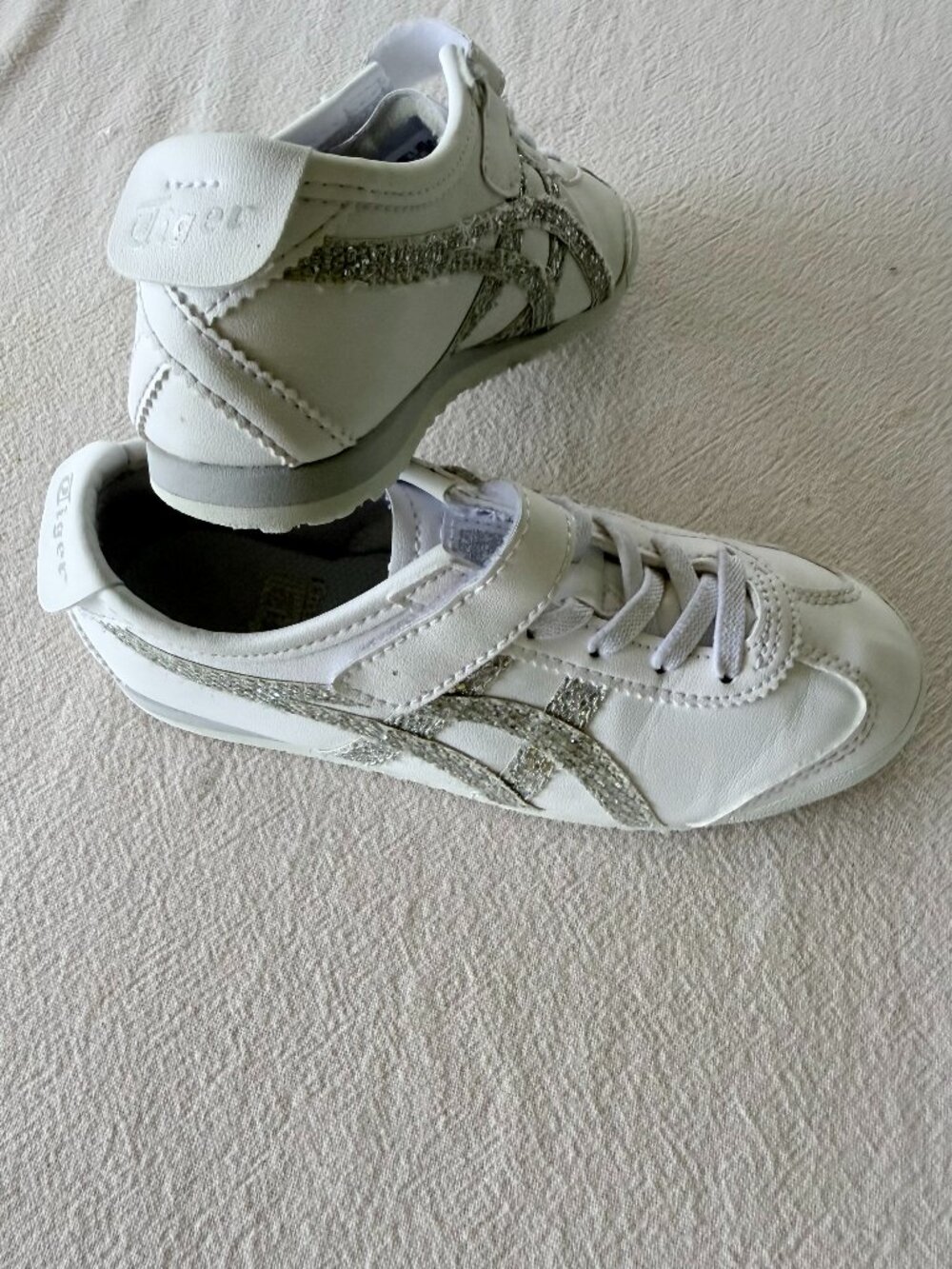 Onitsuka Tiger by Asics Kids White Sneakers with Silver Glitter Stripes